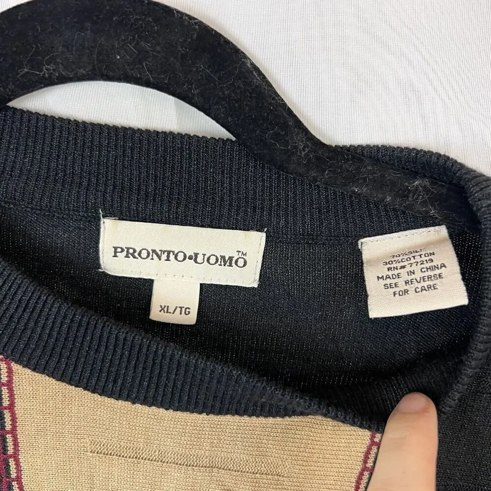 Vintage Pronto-Uomo Sweater Mens XL Pullover Silk Cotton Knit Crewneck Black